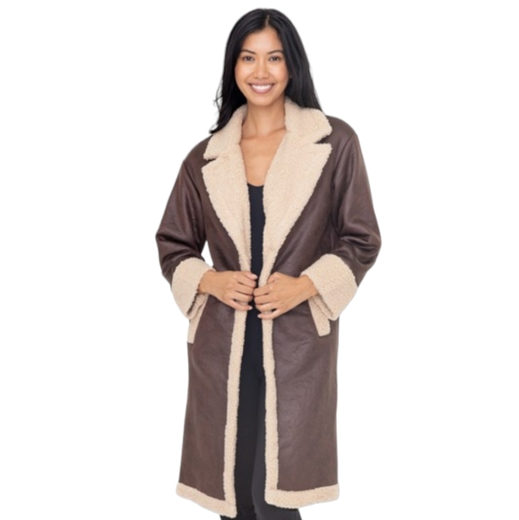 166. Women's Brown Faux Suede Sherpa Long Coat NWT - Picture 5 of 5